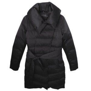 Elie Tahari Black Quilted Belted Puffer Coat with Oversized Collar